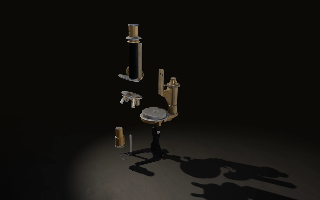 The Hale No. 6 separated into its eight components: eyepiece, objective revolver, focus adjustment, rack mount support, condenser, mirror arm, mirror base and base casting.
