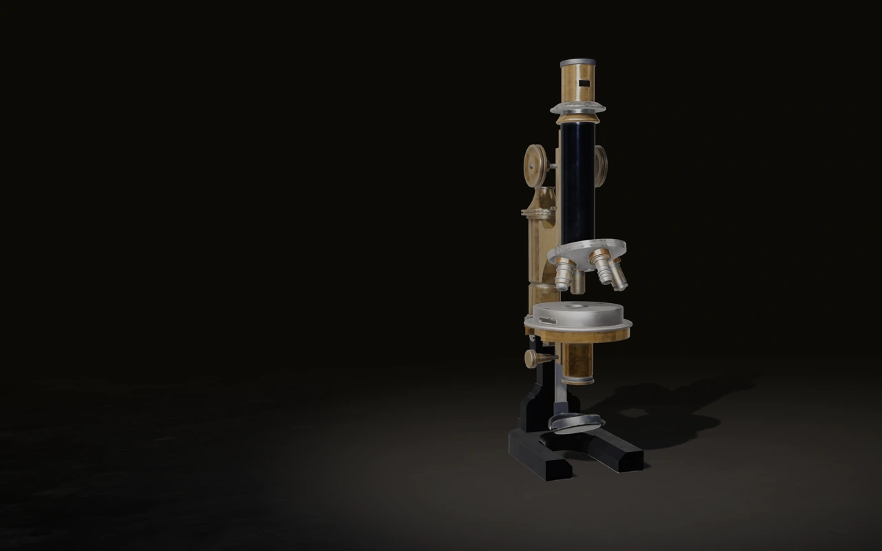 The Hale No. 6 field microscope standing on a worn wooden bench, lit by a single hard light.