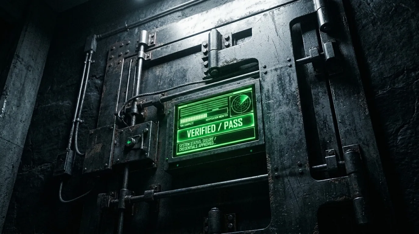 A heavy steel verification gate displaying VERIFIED / PASS on a green panel